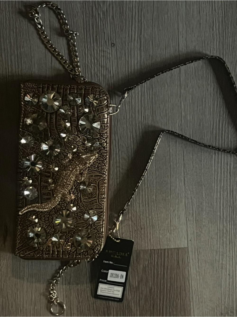 Embellished Metallic Brown Crossbody Bag with Crystal Accents
